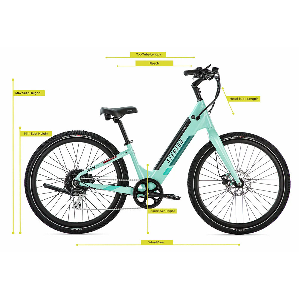 Measuring descriptions and specifications on the Aventon Pace 500 Ebike.