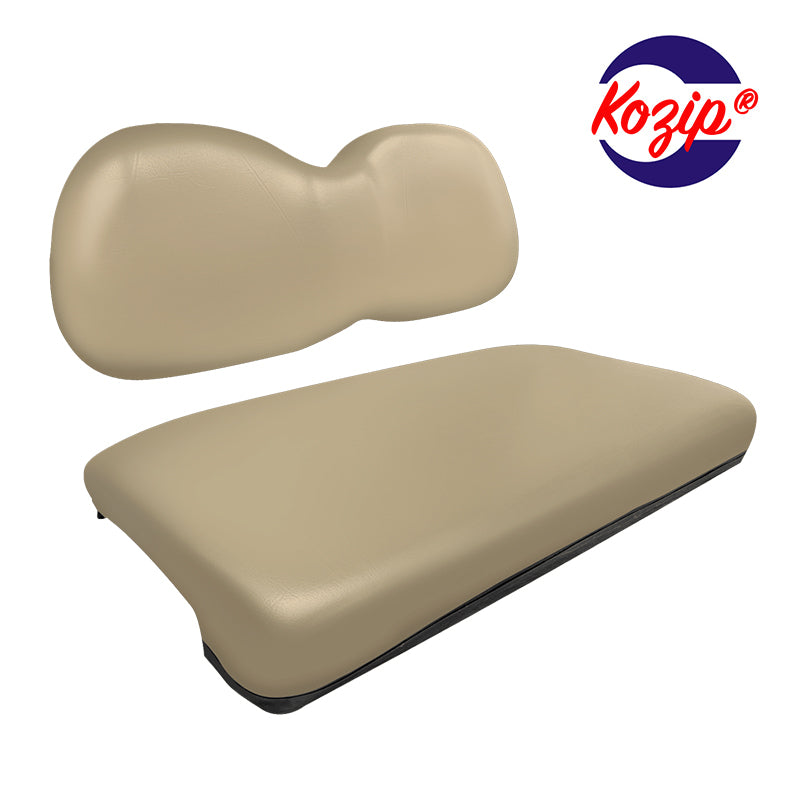 EZGO TXT golf cart front seat replacement set in oem tan, including both the bottom and backrest cushion assemblies made from high quality marine grade vinyl and 2-year color warranty.