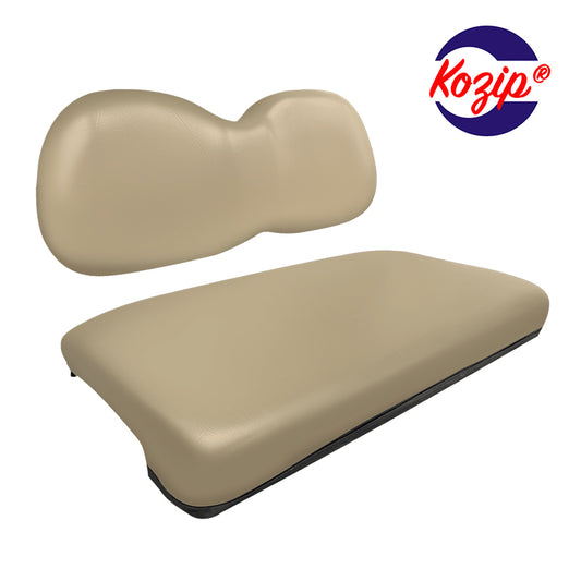 EZGO TXT golf cart front seat replacement set in oem tan, including both the bottom and backrest cushion assemblies made from high quality marine grade vinyl and 2-year color warranty.