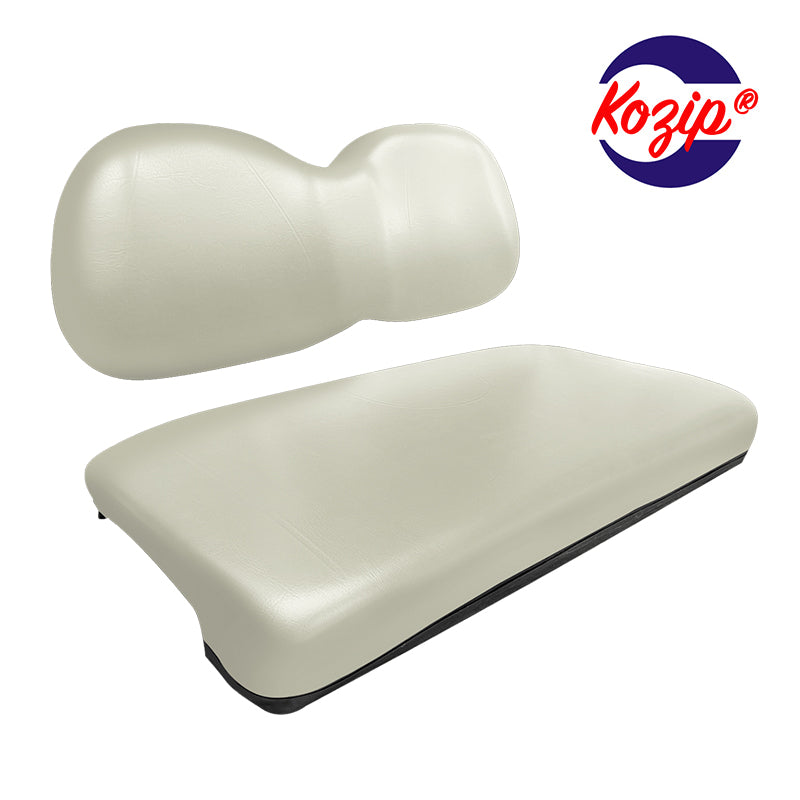 EZGO TXT golf cart front seat replacement set in white vinyl, including both the bottom and backrest cushion assemblies made from high quality marine grade vinyl and 2-year color warranty.