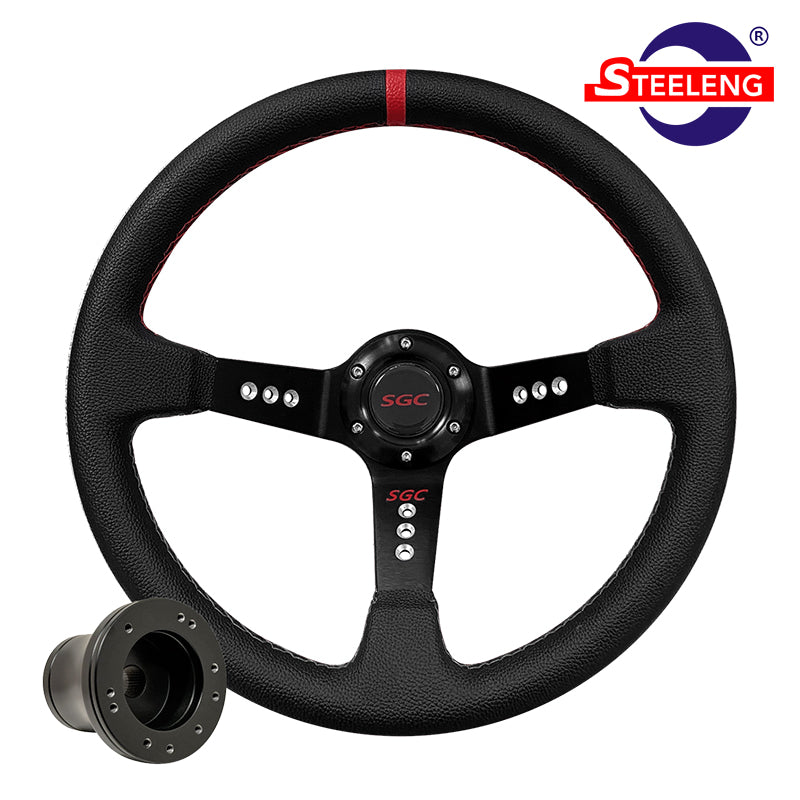 Custom golf cart black and red steering wheel, featuring textured matte black grip area, machined circular accents, and red SGC logos, while also including golf cart model adapter and free shipping, sold by Salt City Golf Cart in Hutchinson, Kansas, Item #WA0002.