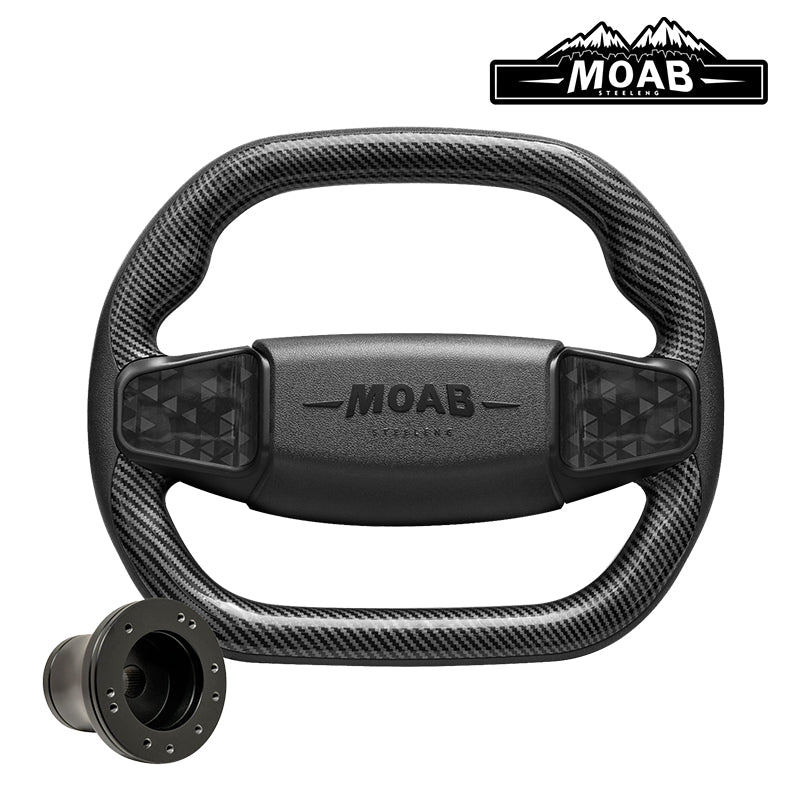 Custom golf cart MOAB steering wheel in carbon fiber finish, featuring MOAB embossed logo, simulated carbon fiber inlays, and sporty flat bottom design, while also including golf cart model adapter and free shipping, sold by Salt City Golf Cart in Hutchinson, Kansas, Item #WA0011.