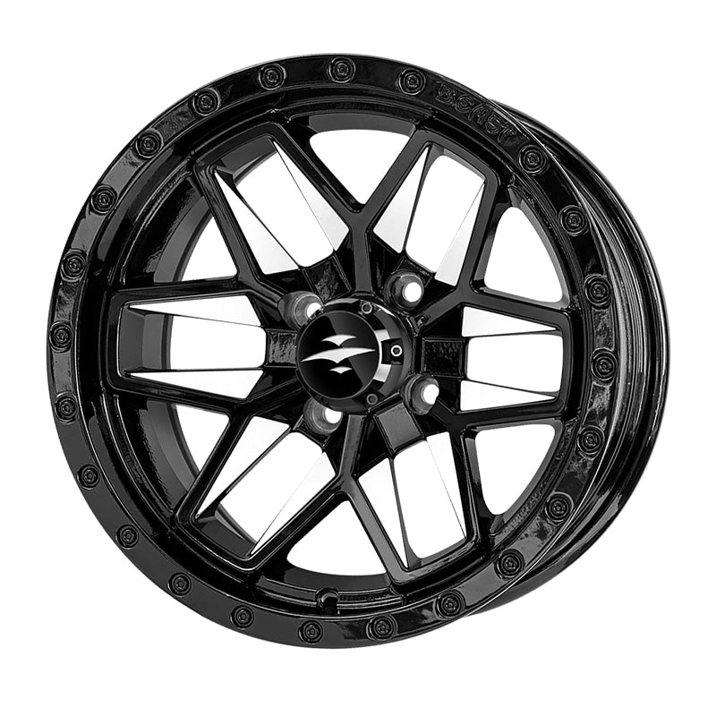 Angled view of the Beast Widow 14" golf cart wheel only, featuring bright white painted and clear coated spoke accents, sold with free shipping, Item #WH1431.