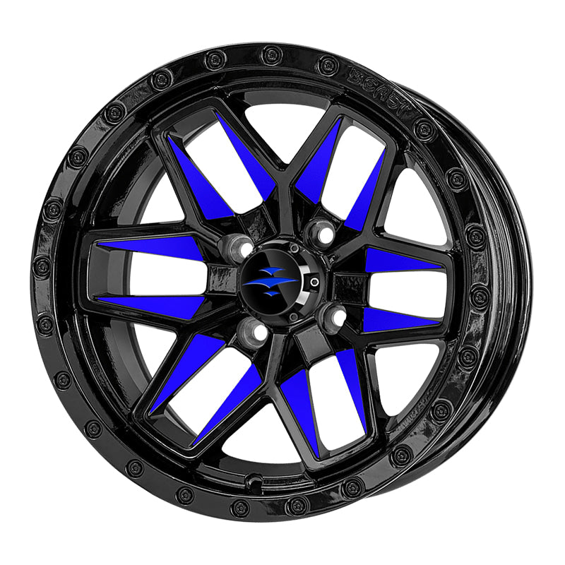 Angled view of the Beast Widow 14" golf cart wheel only, featuring bright blue painted and clear coated spoke accents, sold with free shipping, Item #WH1432.