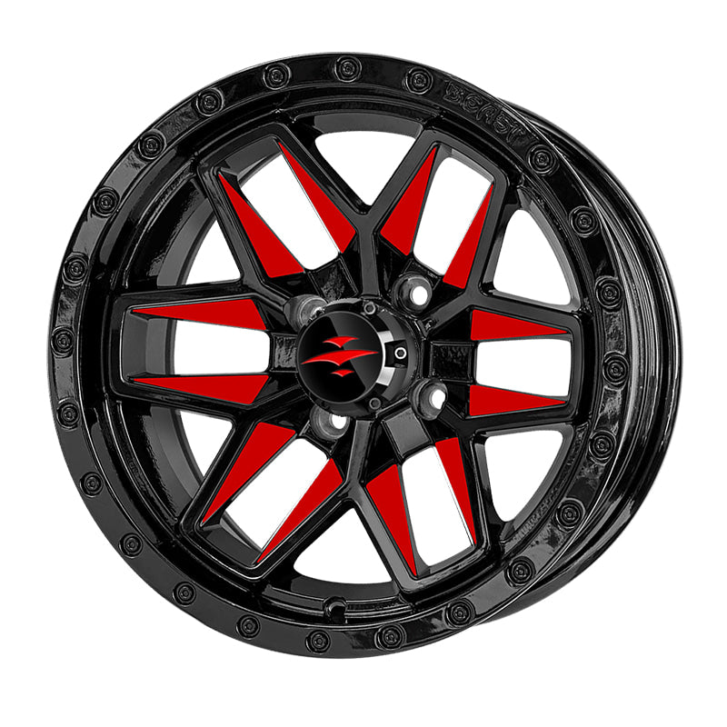 Angled view of the Beast Widow 14" golf cart wheel only, featuring bright red painted and clear coated spoke accents, sold with free shipping, Item #WH1433.