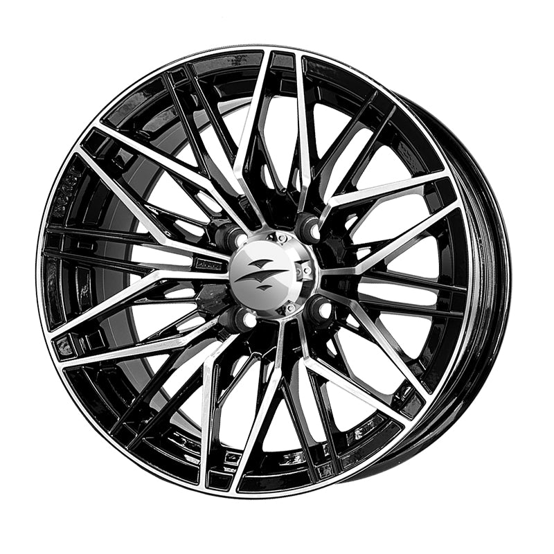 Angled view of the Beast Hornet 14" golf cart wheel only, featuring machined aluminum and gloss black finish and chrome center caps, sold with free shipping, Item #WH1435.