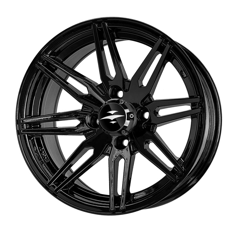 Angled view of the Beast Lynx 14" golf cart wheel only, featuring bright painted gloss black finish and silver/black center caps, sold with free shipping, Item #WH1437.