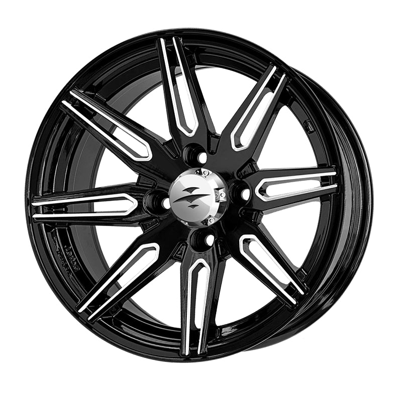 Angled view of the Beast Lynx 14" golf cart wheel only, featuring machined aluminum and gloss black finish and chrome center caps, sold with free shipping, Item #WH1438.