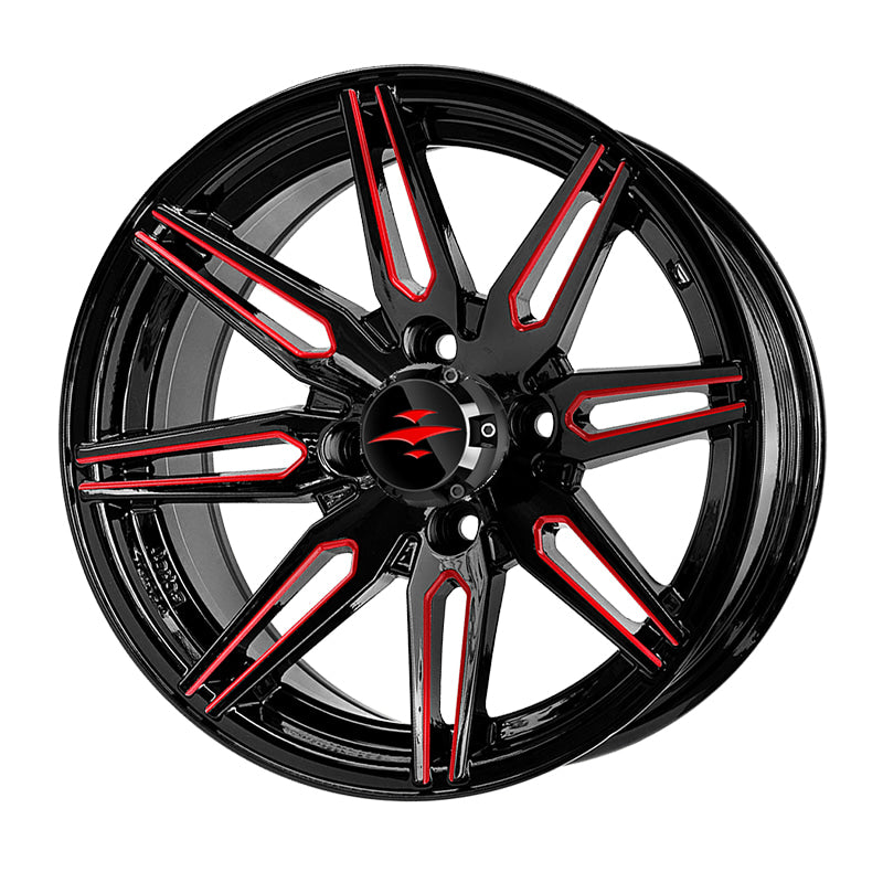 Angled view of the Beast Lynx 14" golf cart wheel only, featuring bright red painted and clear coated spoke accents, sold with free shipping, Item #WH1439.
