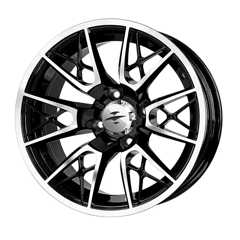 Angled view of the Beast Saber Tooth 14" golf cart wheel only, featuring machined aluminum and gloss black finish and chrome center caps, sold with free shipping, Item #WH1440.