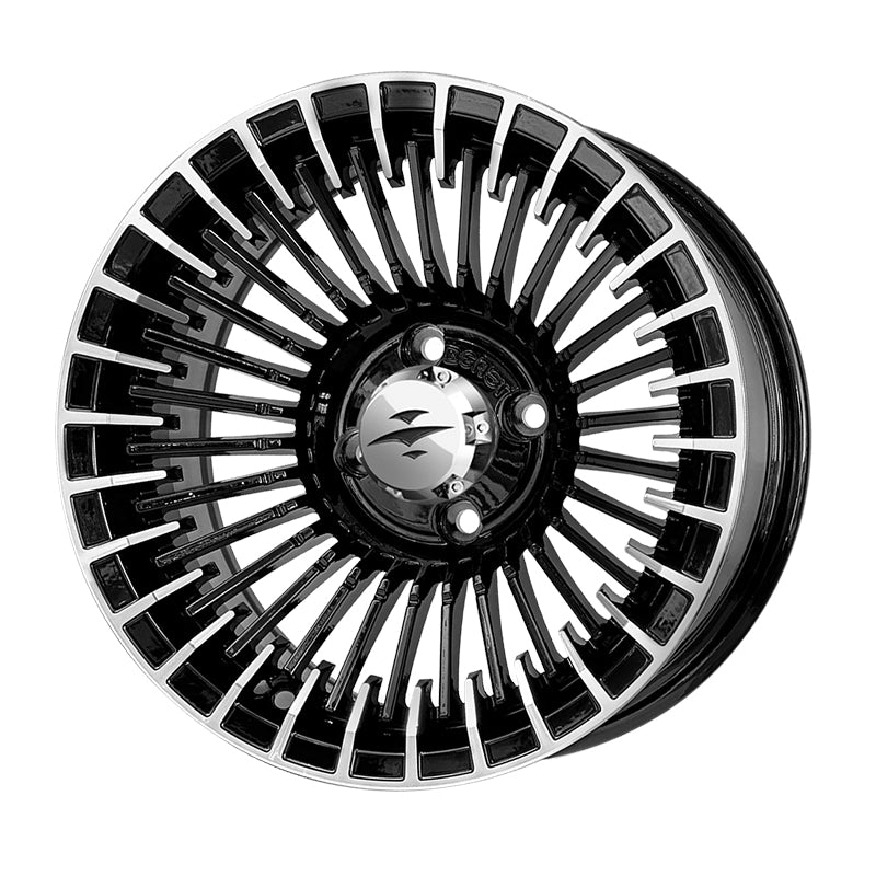 Angled view of the Beast Piranha 14" golf cart wheel only, featuring machined aluminum and gloss black finish and chrome center caps, sold with free shipping, Item #WH1452.