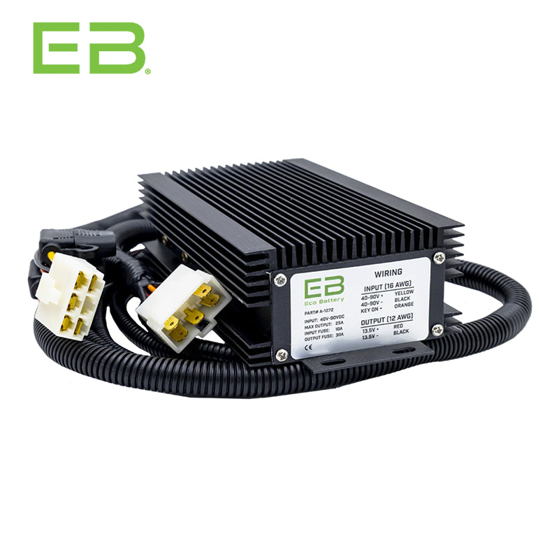 Eco Battery golf cart 40volt-90volt to 12-volt voltage reducer/converter, featuring 25-amp power supply, suitable for lead acid and lithium applications, offered with free shipping, item #A-1272.