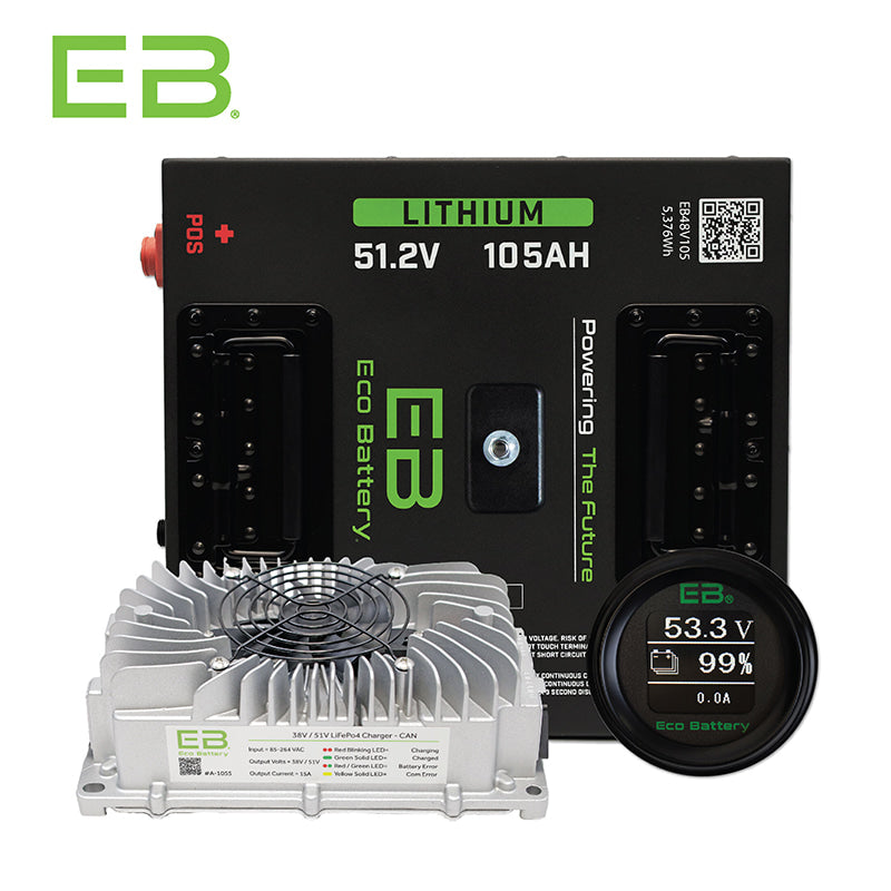 2008 and Newer model year E-Z-GO RXV ECO Battery lithium golf cart battery conversion kit/bundle with 105ah, 48volt battery, lithium charger, state of charge meter, charge port, and voltage reducer, offered with free shipping, Item #B-3232.