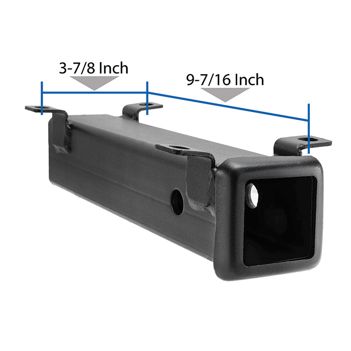 Width and length bolt hole measurements and dimensions for Bison rear flip seat hitch designed for mounting on golf cart footplates.