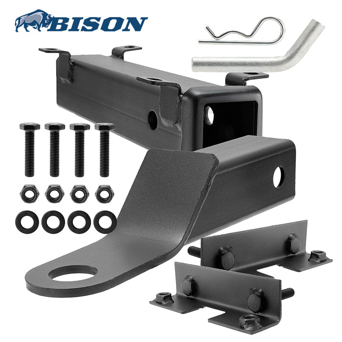 Bison rear golf cart receiver hitch and all components for mounting on Bison golf cart rear flip seat footplate for towing small trailers.