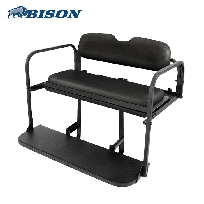 Rear folding flip seat designed for Yamaha G14, G16, G19, and G22 model gas and electric golf carts, with black color cushions, for sale near Hutchinson, Kansas.
