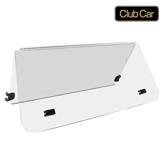 Acrylic folding clear Club Car DS golf cart windshield designed for the old generation models, gas or electric, model years 1982 through 2000.5, best economy windshield and value, offered with free shipping by Salt City Golf Cart in Hutchinson, Kansas.