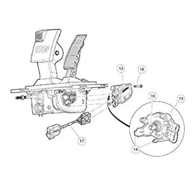 Exploded view of where the Club Car Precedent potentiometer replacement is located underneath and on side of pedal assembly.