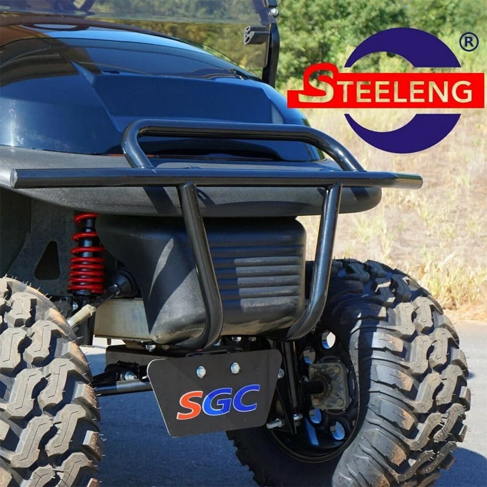 SGC BGPR01 black powder coated golf cart brush guard installed on a dark blue Club Car Precedent model, parked on the street.