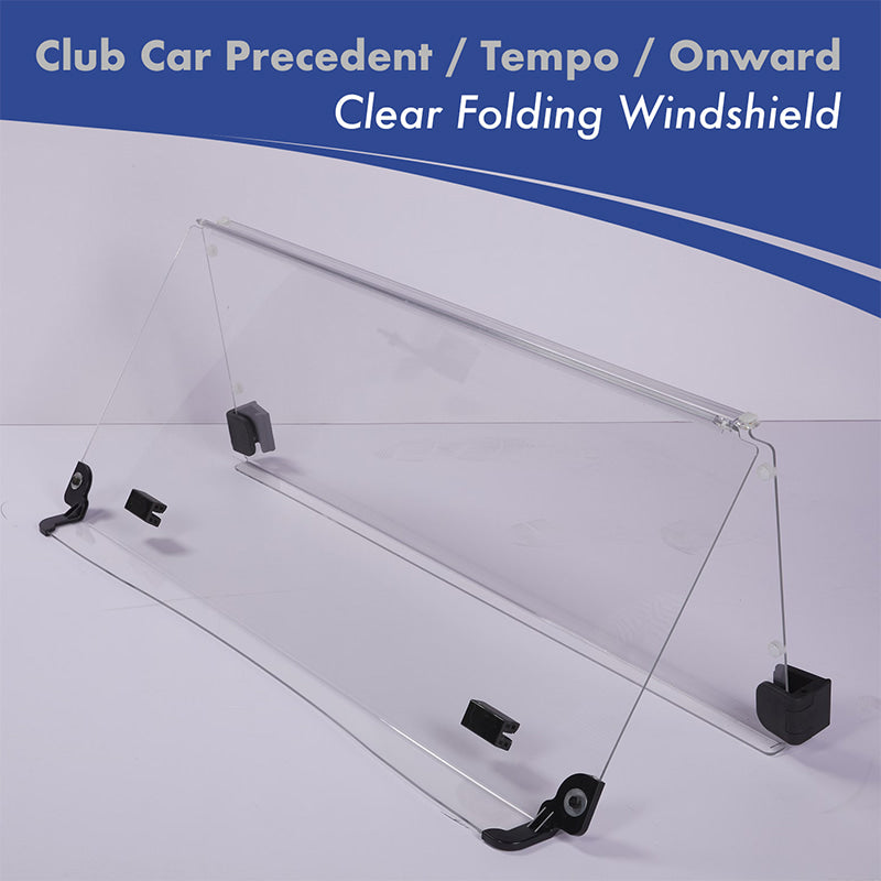 Folding clear acrylic golf cart windshield for sale that fits Club Car Precedent, Onward, and Tempo gas and electric models.
