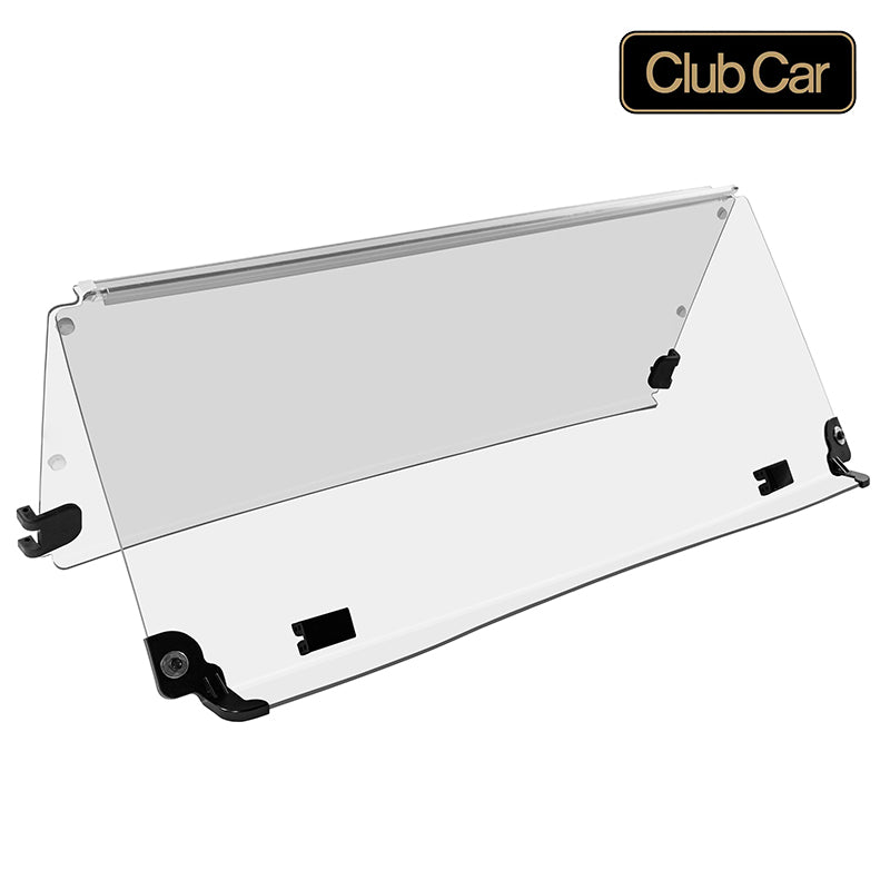 High quality and affordable, high value folding clear acrylic golf cart windshield for sale that fits Club Car Precedent, Onward, and Tempo gas and electric models, featuring great fit and free shipping by Salt City Golf Cart in Hutchinson, Kansas.