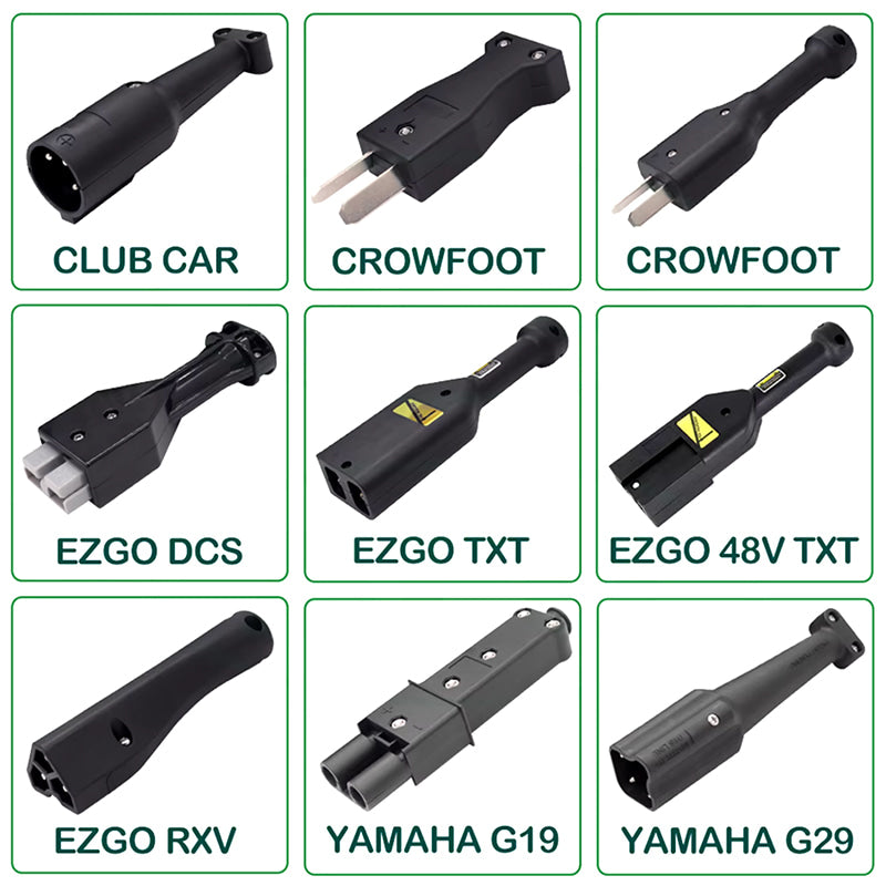 Guide to identify which charging plug is used on your electric 36 or 48 volt golf cart, so you can choose the correct Eagle Performance model from the listing selection.
