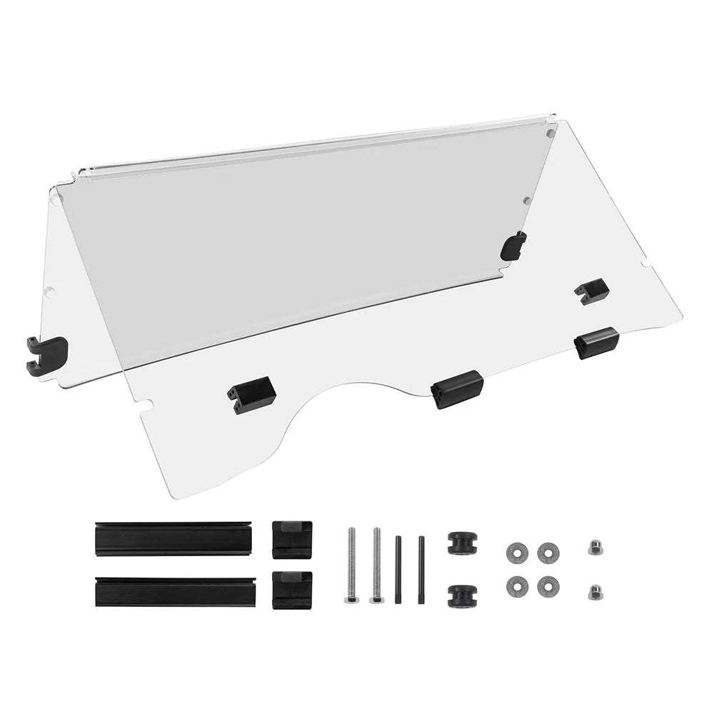 Clear folding acrylic windshield for EZ-GO RXV model golf carts with factory top and front supports, includes all fastening / mounting hardware and free shipping.