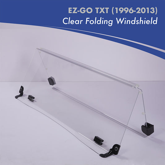 Folding clear acrylic golf cart windshield designed for the old generation of EZGO TXT models, gas or electric, model years 1996 through 2013.