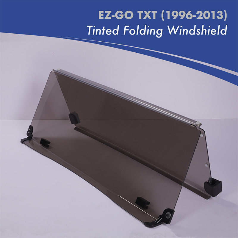Folding tinted acrylic golf cart windshield designed for the old generation of EZGO TXT models, gas or electric, model years 1996 through 2013.