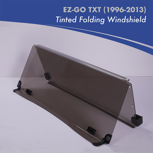 Folding tinted acrylic golf cart windshield designed for the old generation of EZGO TXT models, gas or electric, model years 1996 through 2013.