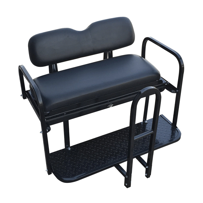 EZGO and Yamaha golf cart rear flip seat available for sale near Hutchinson, Kansas in black cushions and including free grab bar.