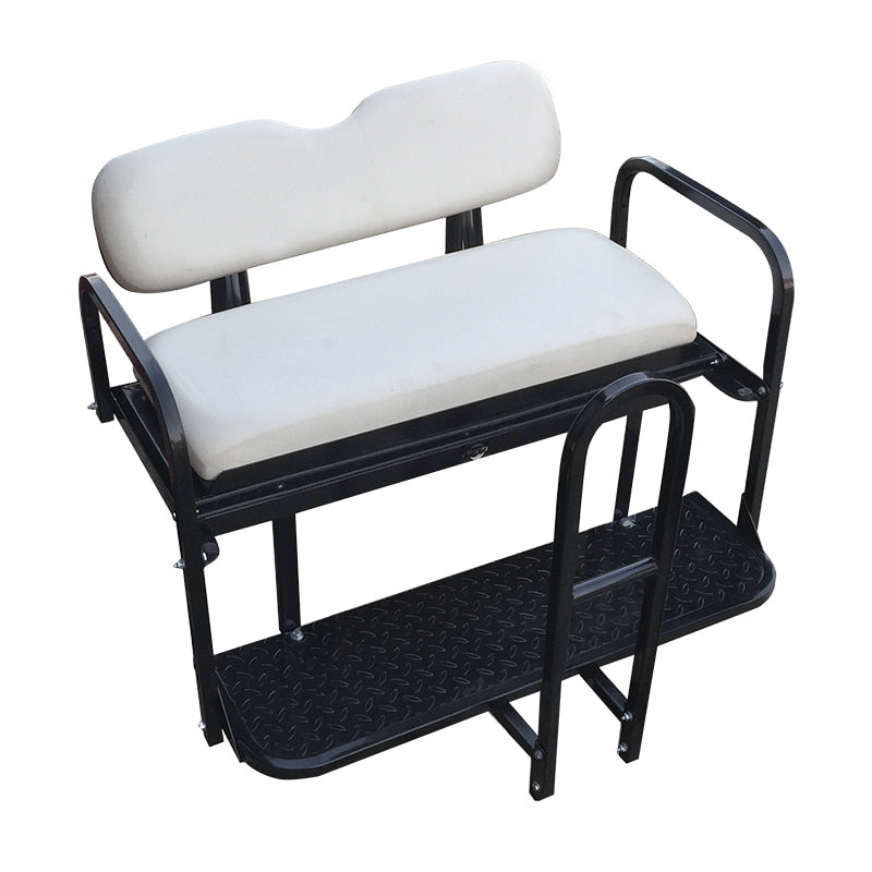 EZGO and Yamaha golf cart rear flip seat available for sale near Hutchinson, Kansas in white cushions and including free grab bar.