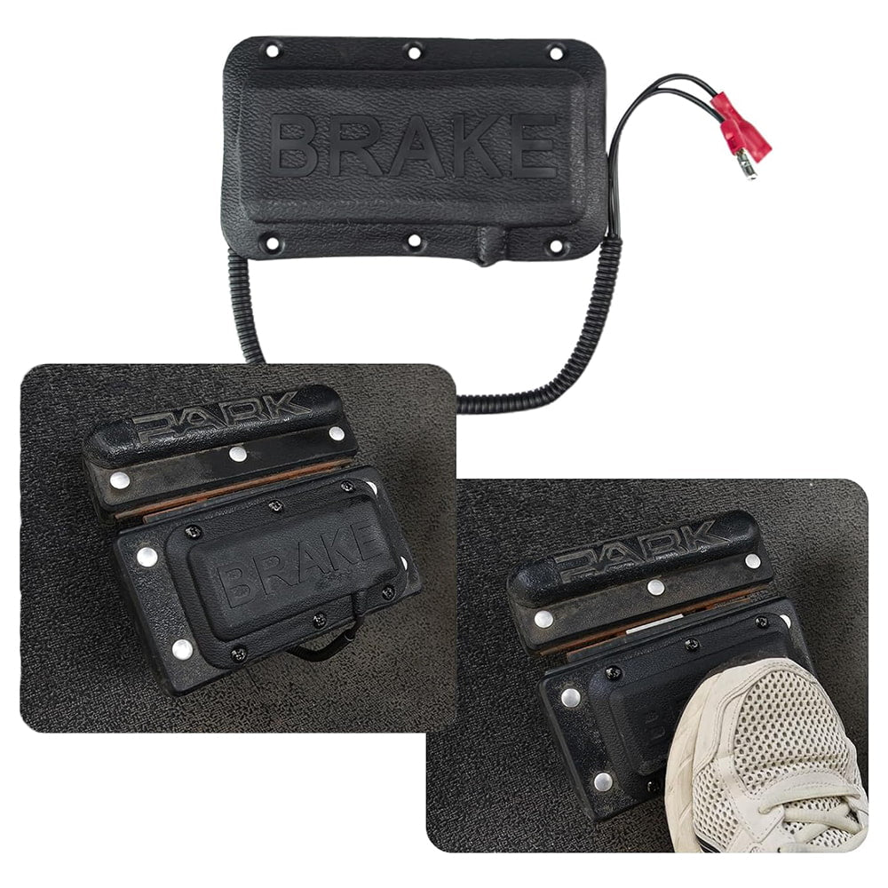 Feature photo displaying the universal golf cart brake pad individually and mounted onto a golf cart brake pedal for demonstration.