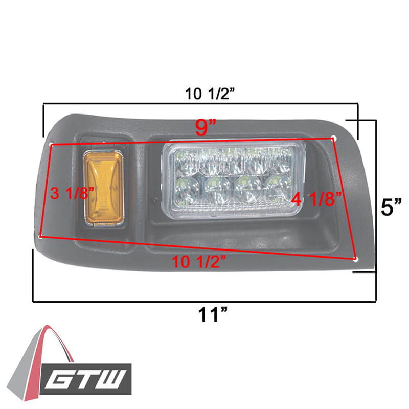 Overall dimensions of the Club Car DS LED headlight assembly made by GTW, Item #02-114.