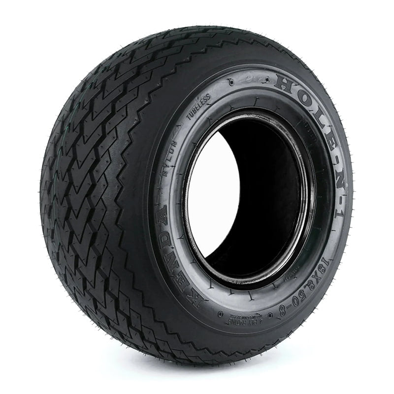 Angled view of a single Kenda K389 Hole-N-1 OEM sawtooth golf cart replacement tire.