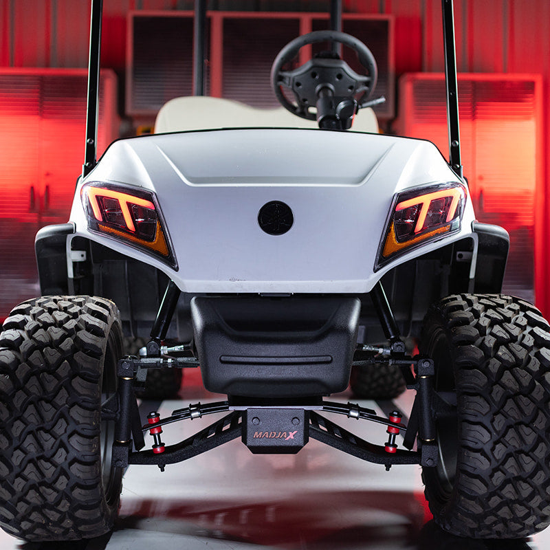 Front view of an installed King XD 4" Yamaha Drive G29 and Drive2 double a-arm heavy duty golf cart lift kit, Item #16-062.