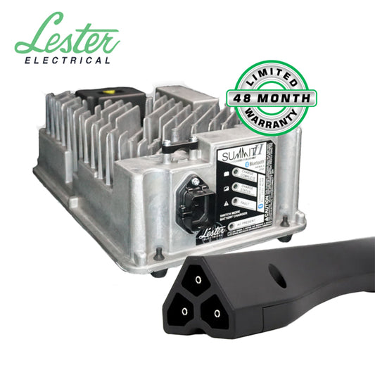 Lester Summit II EZGO RXV and TXT48 golf cart battery charger, programmable, 24-48Volts output, with EZ-GO 3-pin cord and bluetooth smartphone app technology, offered with free shipping by Salt City Golf Cart, model #30600.