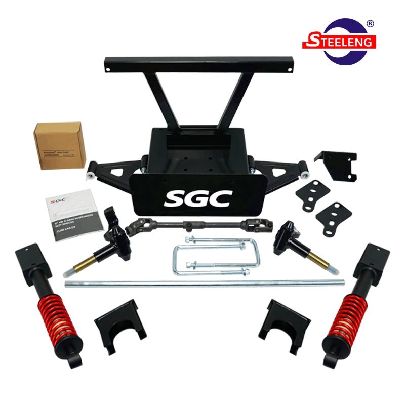 Coil-over shock heavy duty 6-inch golf cart lift kit designed for Club Car DS models, years 1982 through 2003, gas and electric, model #LKDS06 by Steeleng Golf Cart Company (SGC), offered with free shipping.