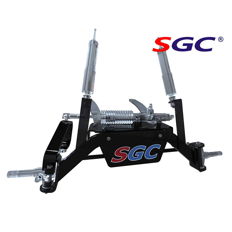 Expanded view of an installed LTX07 SGC 6" drop axle EZ-GO TXT and PDS electric powered model, lift kit, featuring high quality construction, affordable price point, and free shipping from Salt City Golf Cart in Hutchinson, Kansas.