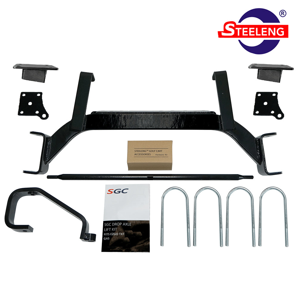 SGC 6 inch drop axle EZGO TXT and PDS lift kit, gas model carts, model years 2008.5 through 2013, including spacer blocks, main assembly, tie rod extension, u-bolts, and free shipping, Item #LKTX13.