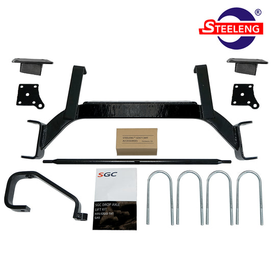 SGC 6 inch drop axle EZGO TXT and PDS lift kit, gas model carts, model years 2008.5 through 2013, including spacer blocks, main assembly, tie rod extension, u-bolts, and free shipping, Item #LKTX13.