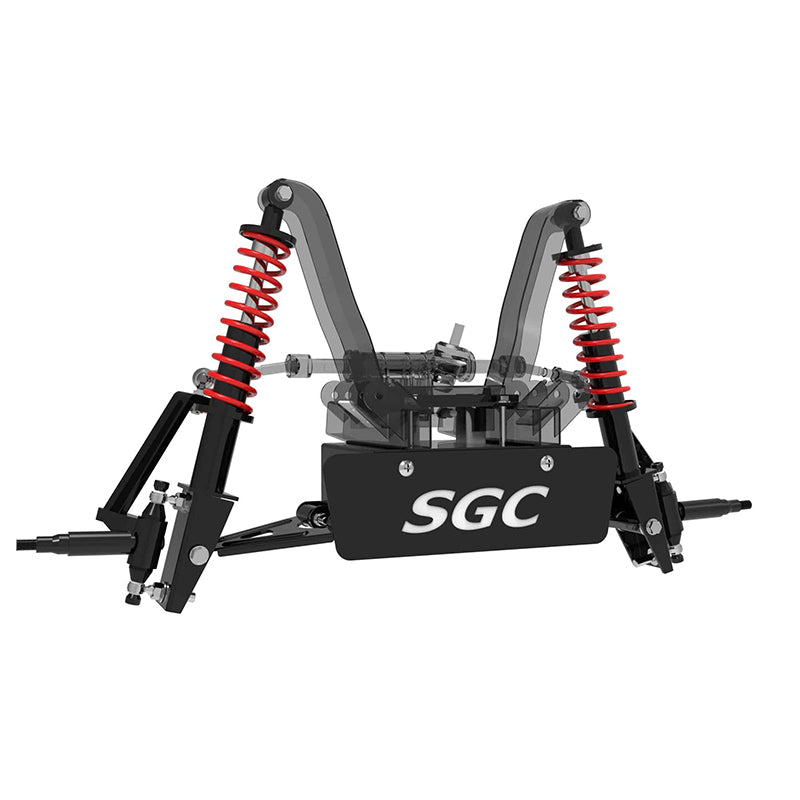 Expanded view diagram / mock up view of the LKYM10 Drive2 lift kit assembled, featuring new coil-over shocks and laser cut front SGC logo plate, sold by Salt City Golf Cart in Hutchinson, Kansas.