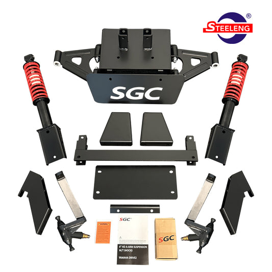 6-inch A-Arm Coilover shock golf cart lift kit by SGC designed for 2017 and newer model year Drive2 electric golf carts with IRS, offered with free shipping by Salt City Golf Cart, model #LKYM10.