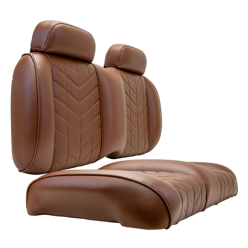 Angled view of the new MadJax Aviator line of premium golf cart front seat assemblies, featuring stitched and contoured marine grade vinyl and cushion bolsters for support, as well as IP65 rated weather protection, all offered in coffee color, graphite color, and black, free shipping included.