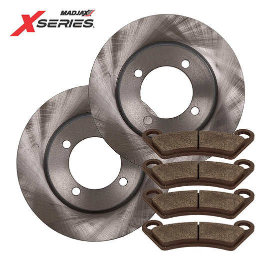 Save by buying a Set of 2 front brake rotor and pad replacement brake kit for your MadJax XSeries Storm golf cart, model years 2023 and newer, offered with free shipping, Part #28-028 (x2) and Part #28-029 (x4).