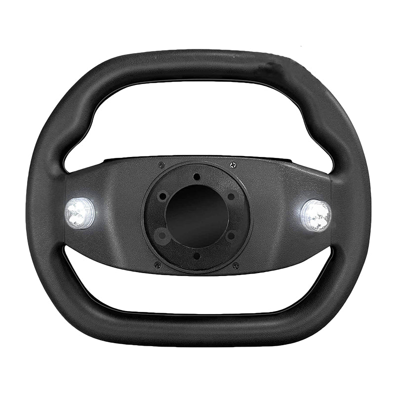 Rear view of the replacement custom golf cart steering wheel by SGC, the MOAB model, featuring backlit LED accent lighting, includes golf cart model specific steering column adapter.