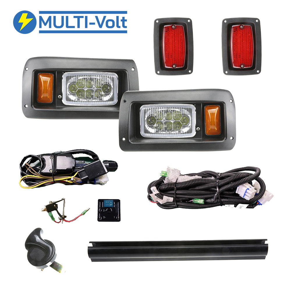 Street legal Club Car DS golf cart light kit with LED Multi-Volt technology, no voltage reducer needed, for gas and electric models, includes turn signals, brake lights, mechanical brake switch, and horn, exactly the same kit as the Club Car DS Street-Legal LED Light Kit (1982 and Up)- Instamatic® SKU GCL-CCDDLK-LED, offered with fast and free shipping.