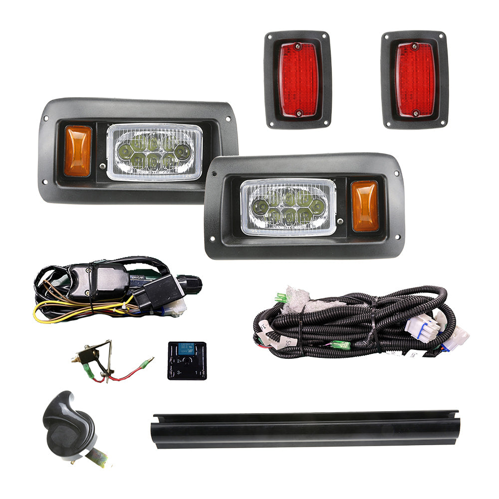 Deluxe Club Car DS golf cart LED light kit including turn signals, brake switch, brake lights, horn, steering column cover, and wiring harness.