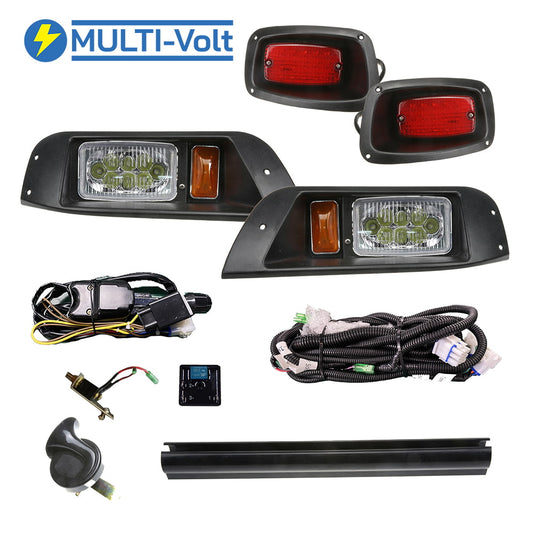 Multi-volt EZGO TXT Deluxe street legal LED golf cart light kit with brake lights, turn signals, hazards, horn, and complete wiring harness.