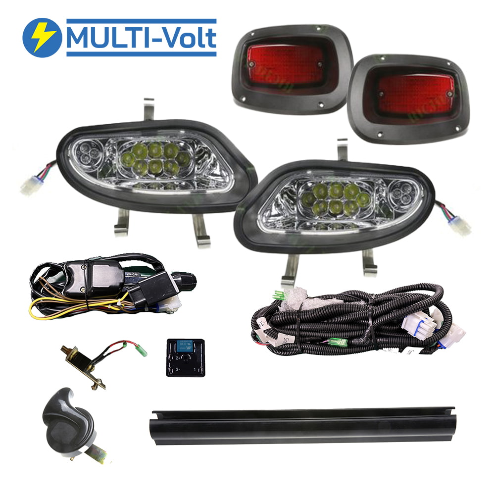 Multi-volt EZGO TXT Valor (2014-2021) Deluxe street legal LED golf cart light kit with brake lights, turn signals, hazards, horn, and complete wiring harness.